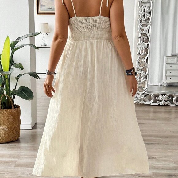 Apricot Boho Women's Plus Size V-Neck Knitted Embroidered Sleeveless Dress - Picture 3 of 6